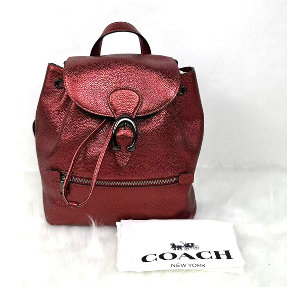 Rare Coach Evie Drawstring Backpack In Metallic Red Polished Pebble Leather NWT - Picture 1 of 14